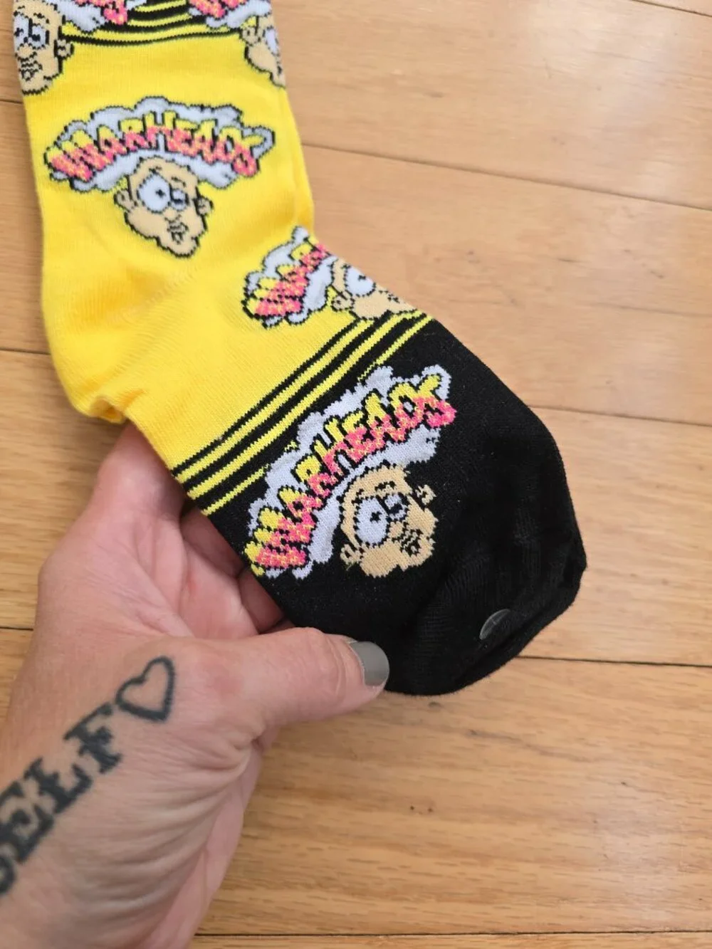 Warheads Sour Candy Yellow Black Graphic Novelty Crew Socks Kids Fits 7-10
